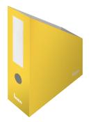 Gelber Ordner mit einem runden Ausschnitt und einem weißen Beschriftungsfeld. Das Design ist schlicht und modern.