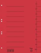 Rotes Trennblatt mit schwarzen Linien. Links sind Löcher für einen Ordner. Rechts eine Skala von 1 bis 10.