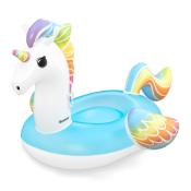 Aufblasbares Einhorn mit buntem Horn und Schwanz. Schwimmring in Blau und Weiß.