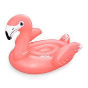 Aufblasbarer Flamingo in Pink. Hat einen weißen Schnabel und Flügel. Rundes, flaches Design für Wasser.
