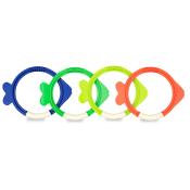 Vier bunte Ringe in Fischform. Farben: Blau, Grün, Gelb und Orange.