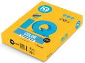 Gelbe Verpackung für Papier mit dem Aufdruck 'IQ COLOR'. Enthält Informationen über die Verwendung für Kopierer, Drucker und Laser.