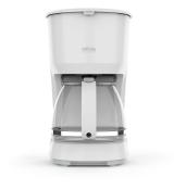 Kaffeemaschine in Weiß mit transparentem Kaffeekanne. Schlichtes Design, keine auffälligen Details.