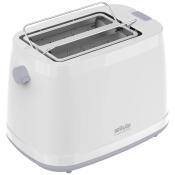 Weißer Toaster mit zwei Schlitzen. Hat einen grauen Hebel und eine einfache, moderne Form.