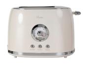 cremefarbener Toaster mit silbernen Akzenten. Runde Zeitanzeige in der Mitte. Drei Tasten: Auftauen, Wiedererwärmen, Abbrechen.