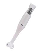 Weißer Stabmixer mit zwei Tasten. Der Griff ist ergonomisch geformt.