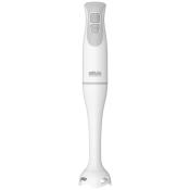 Weißer Stabmixer mit ergonomischem Griff. Zwei Tasten für die Bedienung.
