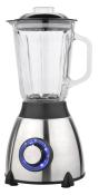 Mixer mit glaskrug und Edelstahlbasis. Drehregler mit blauer Beleuchtung.