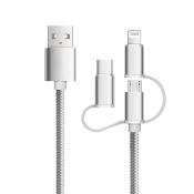 USB-Kabel mit mehreren Anschlüssen. Ein Ende mit USB-Stecker, andere Enden mit Lightning- und USB-C-Anschluss. Geflochtene Hülle, silberne Farbe.