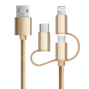 USB-Kabel mit drei Anschlüssen. Goldene Farbe und geflochtenes Design.