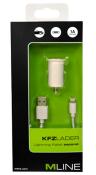 Ladegerät für das Auto. Weißer Stecker, USB-Anschluss und Lightning-Kabel. Verpackung in schwarz-grün.