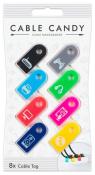 Acht bunte Kabeltags in verschiedenen Farben. Jedes Tag hat ein Symbol für unterschiedliche Geräte.