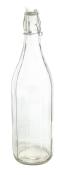 Durchsichtige Glasflasche mit schmalem Hals und Drahtverschluss. Die Flasche hat eine einfache, klare Form.
