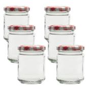 Sechs leere Glasgefäße mit rot-weißem Deckel. Die Gefäße sind rund und haben eine klare Sicht auf den Inhalt.