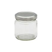 Glasgefäß mit rundem Boden und Schraubdeckel. Transparent und schlicht.