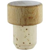 Korken mit Holzoberteil. Zylindrische Form. Helle Farbe. Für Flaschenverschluss geeignet.