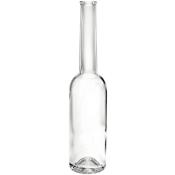 Durchsichtige Glasflasche mit schmalem Hals. Keine Etiketten oder Aufdrucke sichtbar.