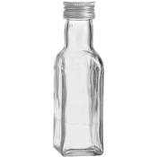 klare Glasflasche mit schmalem Hals und Schraubverschluss. Rechteckige Form, schlicht und transparent.