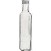 Durchsichtige Glasflasche mit schmalem Hals und Schraubverschluss. Sie hat eine rechteckige Form.