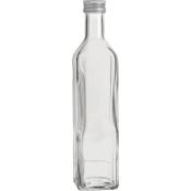 klare Glasflasche, schlank und hoch, mit Schraubverschluss. Keine Etiketten oder Aufdrucke.
