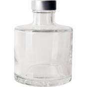Durchsichtige Glasflasche mit runder Form. Metallverschluss oben.