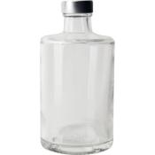 Klare Glasflasche mit einem silbernen Deckel. Sie hat eine zylindrische Form.