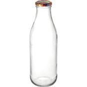 klare Glasflasche mit bunter Schraubkappe. Schlankes, hohes Design. Keine Füllung sichtbar.