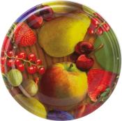Runder Teller mit buntem Obstmotiv. Enthält Äpfel, Erdbeeren, Kirschen und Trauben.