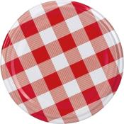 runder Teller mit rot-weißem Karomuster. Abwechselnd rote und weiße Felder. Glatte Oberfläche.