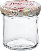 Glasbehälter mit einem bunten Deckel. Der Deckel hat den Aufdruck 100% handmade.