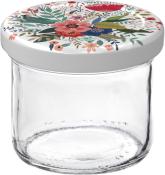 Glasbehälter mit einem bunten Blumenmuster auf dem Deckel. Der Behälter ist transparent und hat eine runde Form.