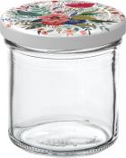 Glasbehälter mit buntem, floralem Deckel. Der Behälter ist durchsichtig und hat eine runde Form.