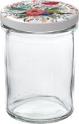 Glasbehälter mit floralem Deckel. Transparentes Glas, keine Füllung sichtbar.