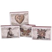 Vier dekorative Boxen mit verschiedenen Motiven. Enthalten sind ein Herz, ein Schmetterling, eine Rose und eine Frau.