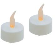 Zwei weiße LED-Teelichter mit flackerndem Licht. Die Flamme ist orange und sieht realistisch aus.