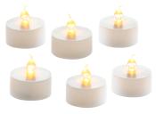 Sechs LED-Teelichter in runder Form. Weißer Sockel mit flackernder gelber Flamme. Ideal für stimmungsvolle Beleuchtung.