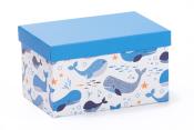 Bunte Aufbewahrungsbox mit Wal-Motiv. Der Deckel ist blau, die Seiten zeigen verschiedene Wale und Fische.
