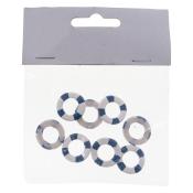 Verpackung mit acht runden, weißen Ringen mit blauen Streifen. Die Ringe sind gleichmäßig angeordnet.