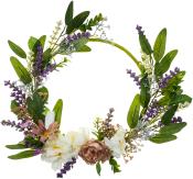 Kreisförmiger Blumenkranz mit bunten Kunstblumen und grünen Blättern. Farben sind lila, rosa und weiß.