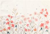 Helle, florale Muster auf weißem Hintergrund. Rosa und pinke Blumen mit grünen Blättern. Leichte, verspielte Gestaltung.