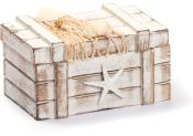 Holzkiste mit maritimen Elementen. Dekoriert mit Muscheln und einem Seestern.