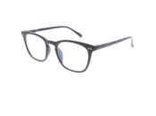 schwarze Brille mit rechteckigem Rahmen. Klare Gläser, dünne Bügel. Modernes Design.