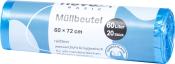 Rolle mit Müllbeuteln. Farbe: blau. Größe: 60 x 72 cm. Inhalt: 20 Stück. Eigenschaften: reißfest, wasserdicht, hygienisch.