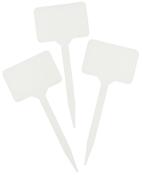 Drei weiße Pflanzenstecker mit rechteckigem Kopf. Die Stecker sind spitz und zum Einstecken in Erde geeignet.