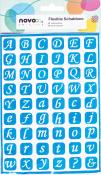 Blaue Schablone mit weißen Buchstaben. Enthält Groß- und Kleinbuchstaben sowie einige Sonderzeichen.