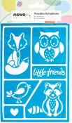 Blaue Schablone mit Tiermotiven. Enthält einen Fuchs, eine Eule, einen Vogel und einen Waschbären.