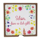 Dekorative Karte mit bunten Blumen. Text: 'Schön, dass es dich gibt!'