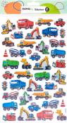 Stickerbogen mit verschiedenen Fahrzeugen und Baustellenmotiven. Bunte Trucks, Bagger und Verkehrszeichen.