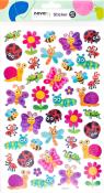 Stickerbogen mit 42 bunten Aufklebern. Motive: Insekten, Blumen, Schnecken, Schmetterlinge. Fröhliche Farben, glitzernde Oberflächen.