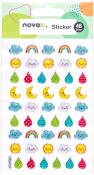 Stickerbogen mit 48 bunten Aufklebern. Motive sind Sonne, Wolken, Regenbogen, Tropfen und Monde.